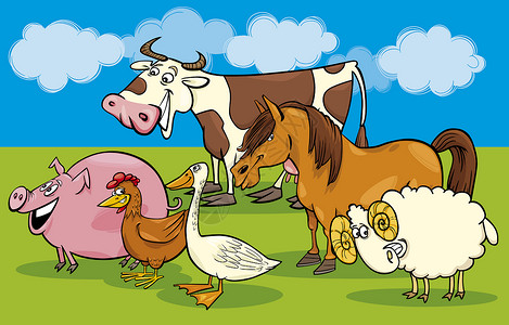 鹅马羊子有趣的农场动物类漫画插图背景