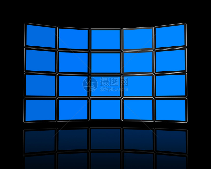3d面板平电视屏幕墙在黑色上隔离有2条剪切路径全球场景剪切路径和以放置设计或图片平面电视屏幕墙图片