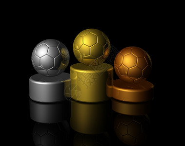 带有铜银和金球的讲台三维插图在黑色上隔离3D足球得奖者讲台图片