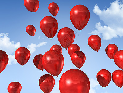 蓝色天空上漂浮着红色气球图片