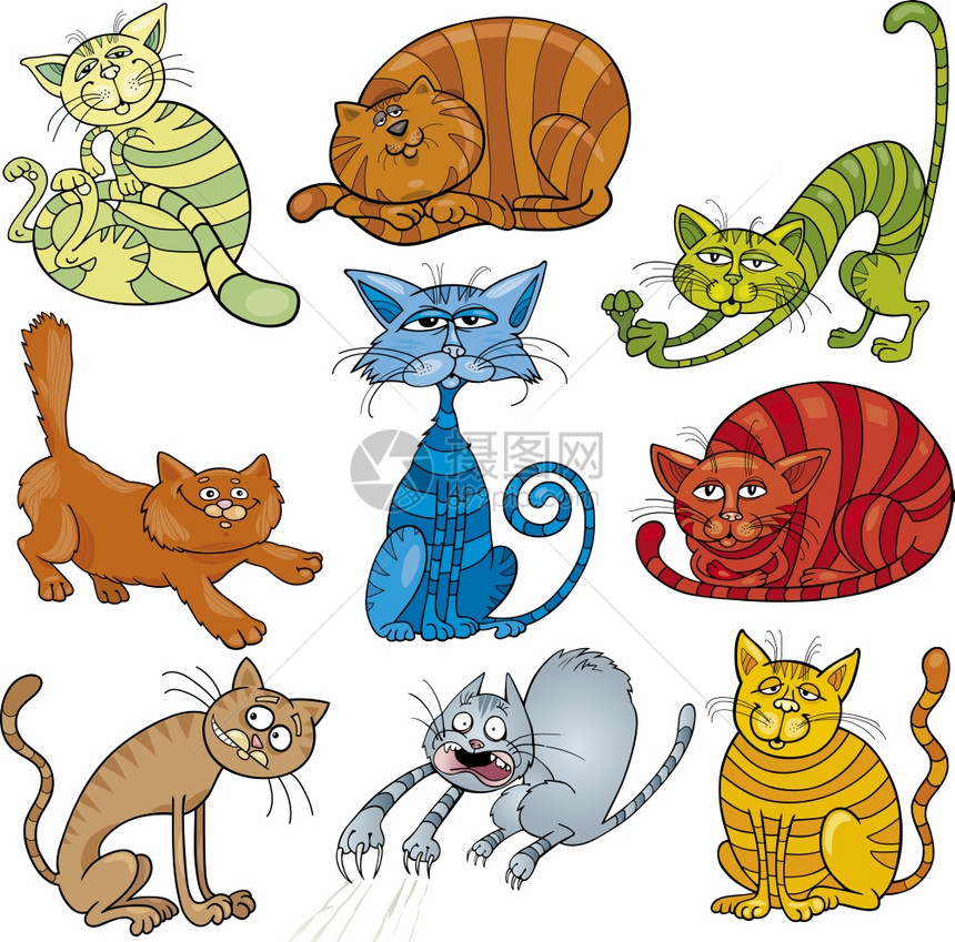 滑稽九只猫的漫画插图图片