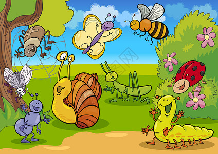 蜗牛卡通在草地上画出有趣的昆虫漫画插图背景