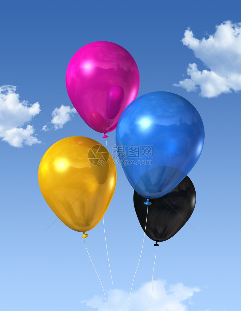 cmyk彩色主要气球漂浮在蓝色天空上cmyk彩色气球漂浮在蓝天空上图片