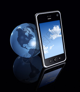 三维移动电话和黑色背景的地球3D移动电话和地球图片