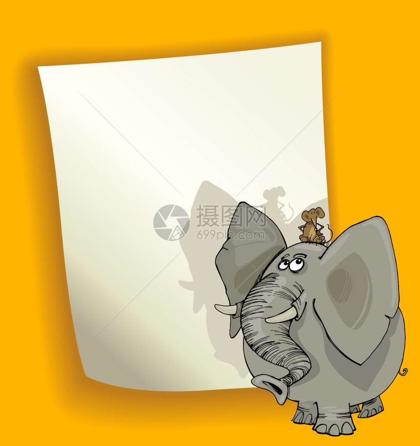 大象上带空白页和鼠标的漫画设计插图图片