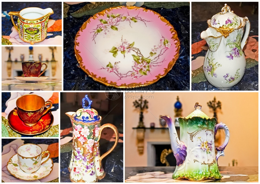 各种八张餐具和陶器图像的拼贴图片