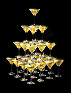 3D香槟杯金字塔以黑色背景隔离3维插图图片