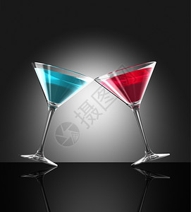 2个透明的蓝色和红鸡尾酒杯在吧表面反射3维插图红色和蓝鸡尾酒杯图片