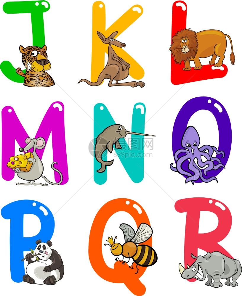 带有趣的动物卡通多彩字母表图片
