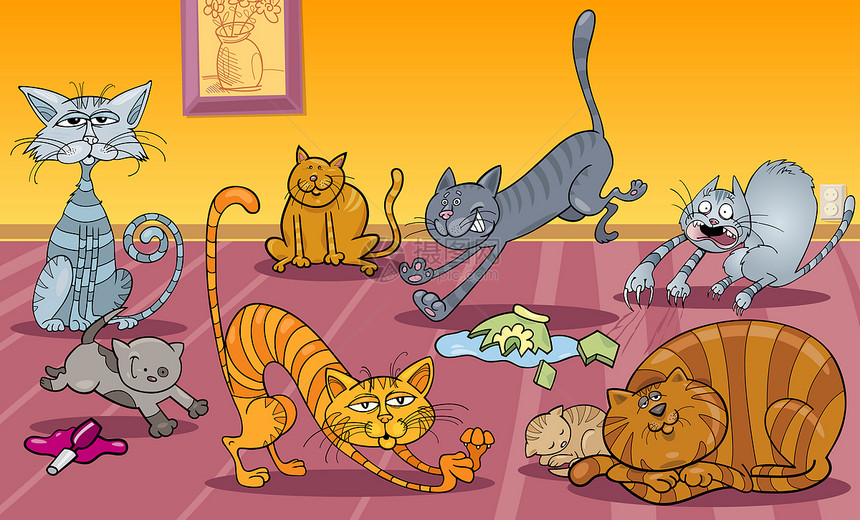 家庭内许多淘气猫的漫画插图图片
