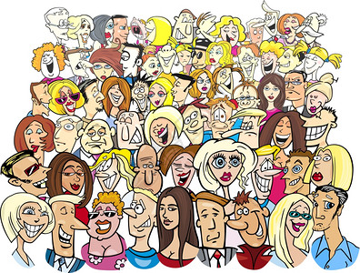 卡通人群以漫画插图展示不同人的角色和情感背景