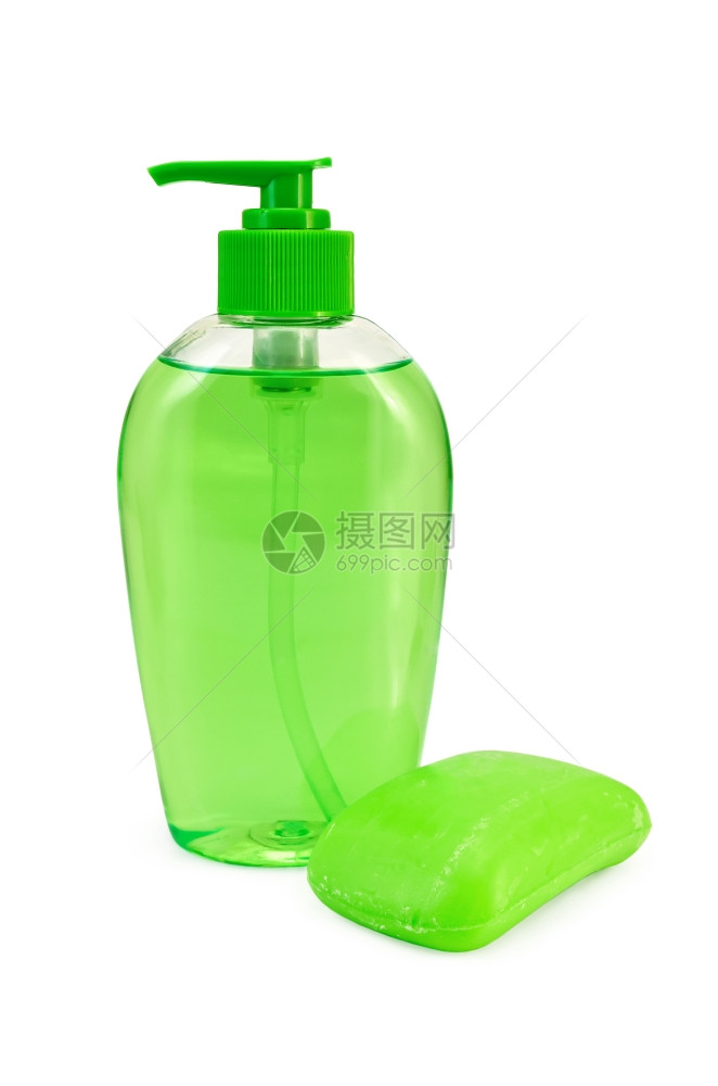 瓶子里的绿色液体肥皂在白色背景上隔离的一块绿色固体肥皂图片