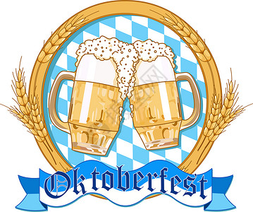 小麦矢量带有啤酒杯的oktberfst标签设计背景