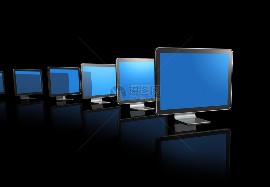 许多3D电视计算机屏幕在黑色的3D电视屏幕上被隔离图片