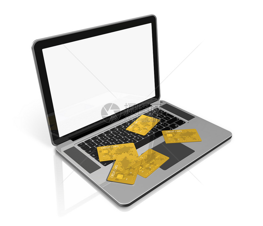 3d在笔记本电脑上提供许多金信用卡以白色和剪切路径隔离在白色上图片
