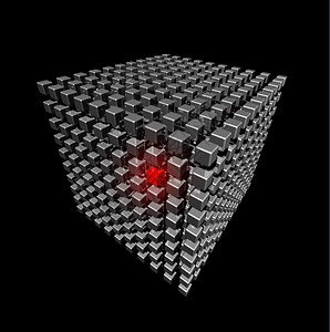 由金属立方体制成的单三维向红色选定点倾斜由小立方体制成的图片
