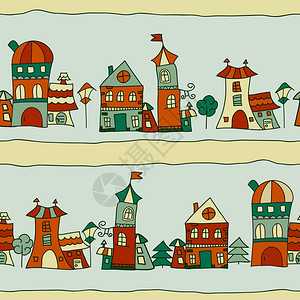 无缝城镇街道和小房屋树木灯笼卡通手绘矢量插画背景图片