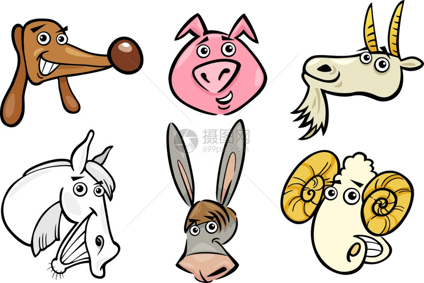 各种有趣的农场动物头套不同的漫画插图图片