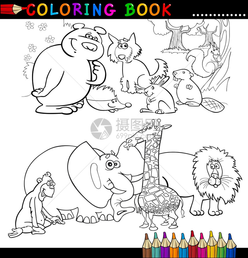 为儿童制作有趣的野动物和狩猎的彩色书籍或页面漫画插图图片