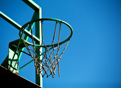 旧篮球子蓝天在背景图片