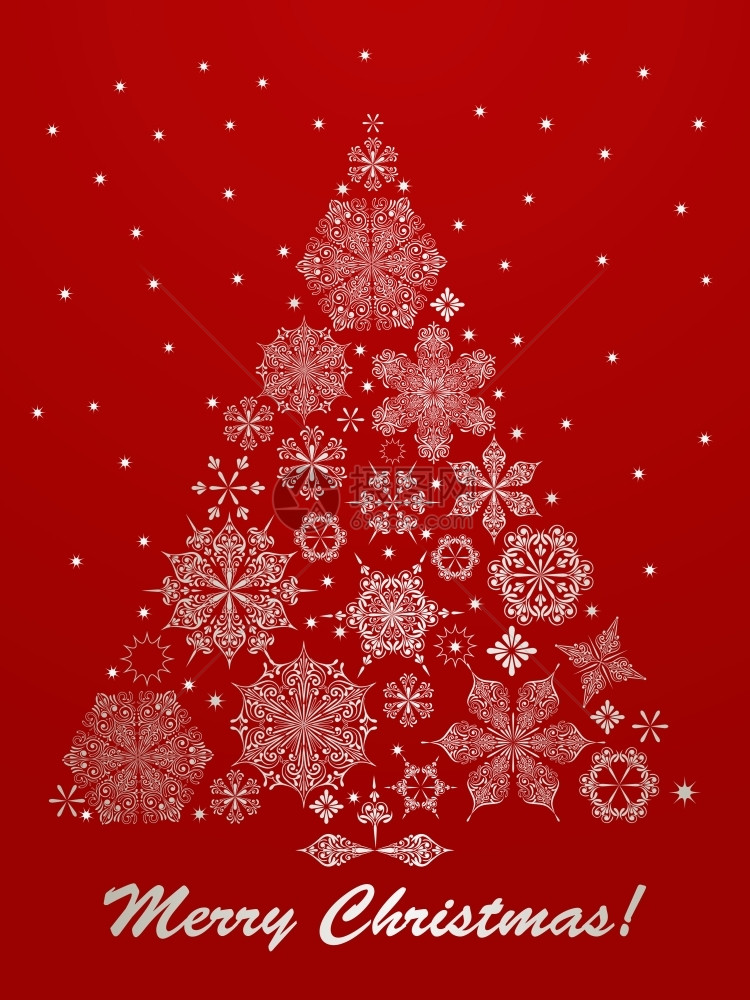 圣诞贺卡由红面包上雪花制成的fir树完全可编辑的eps10文件图片