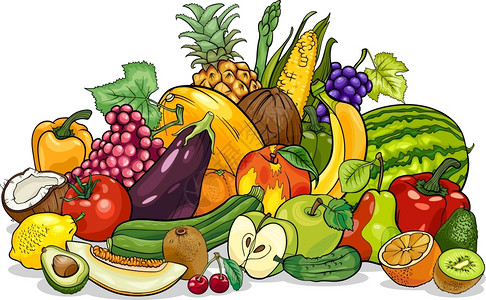 新鲜甜瓜桃水果和蔬菜大群体食品设计卡通插图插画