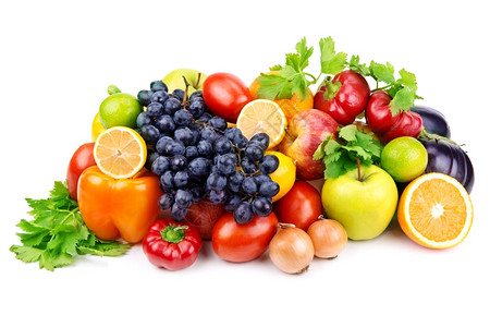 在白色背景上隔离的一组不同水果和蔬菜图片