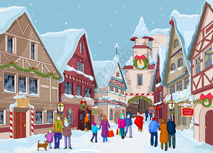 圣诞购物冬日圣诞街道插画