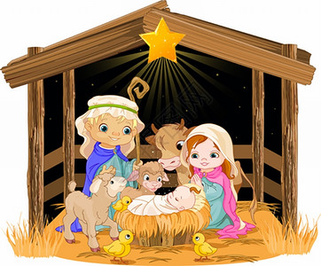 诞生圣诞与神圣的家族一起天场景z插画