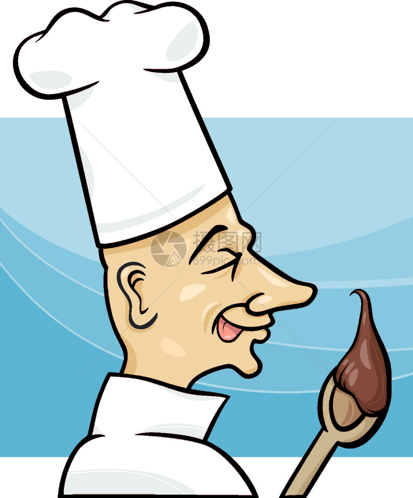 在勺子上加巧克力奶油的烹饪卡通插图图片