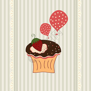 奶油曲奇纸杯蛋糕和气球的生日卡插画
