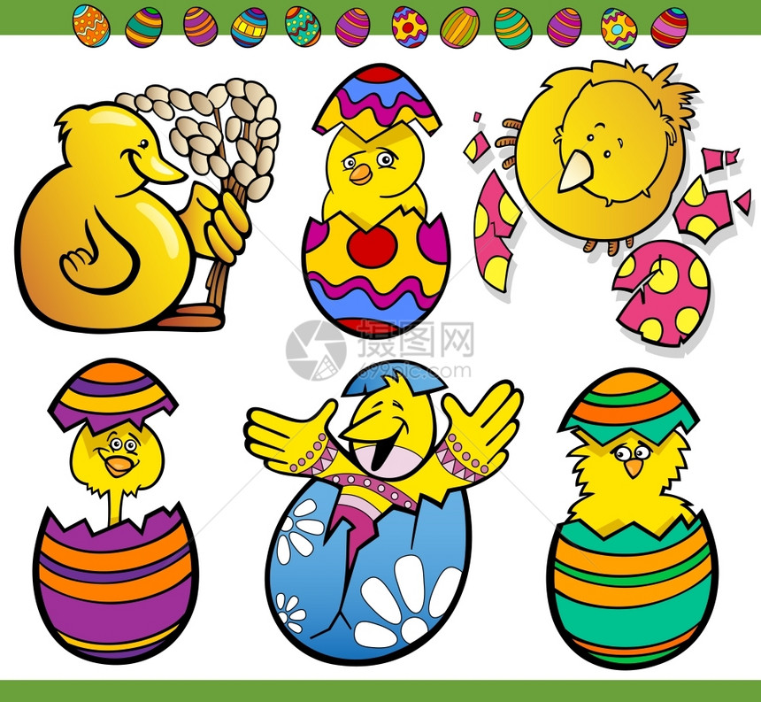 以鸡和小蛋为主题的复活节快乐主题的漫画插图图片