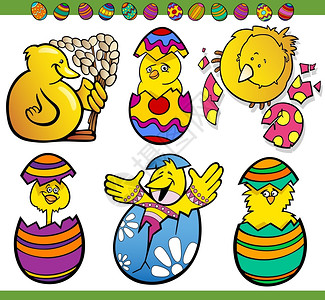以鸡和小蛋为主题的复活节快乐主题的漫画插图图片