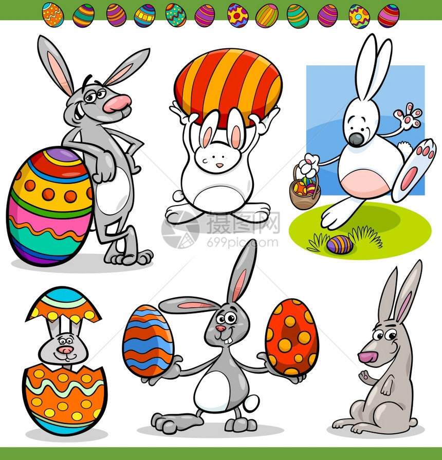 带兔子和彩蛋的复活节快乐主题的漫画插图图片