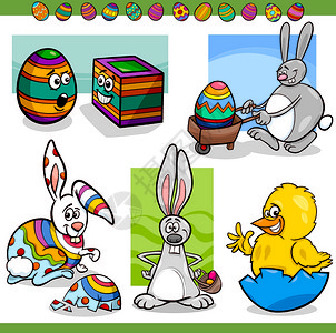 彩蛋主题图片以兔子鸡彩蛋为主题的欢乐男子复活节主题的漫画插图插画