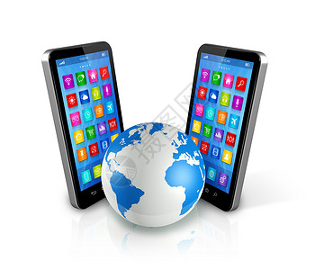 地球平板电脑世界全球3个智能手机孤立在白全球通信概念上背景