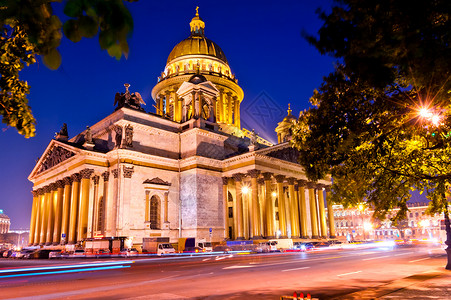 圣isac彼得堡大教堂美丽的夜拍背景图片