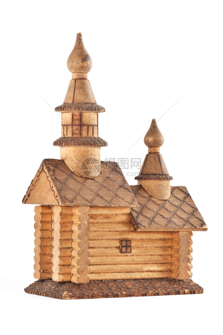 小木屋白背景的教堂图片