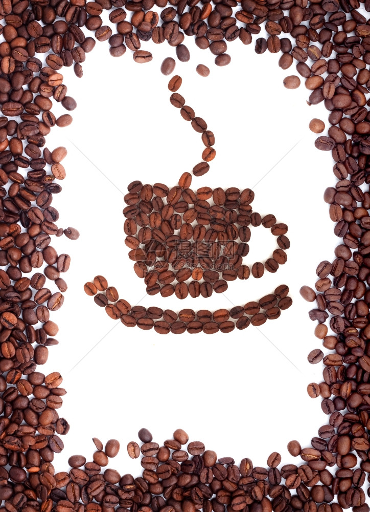 白色背景的豆子咖啡杯图片