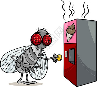 漫画插图有趣的苍蝇和自动售货机便零食图片