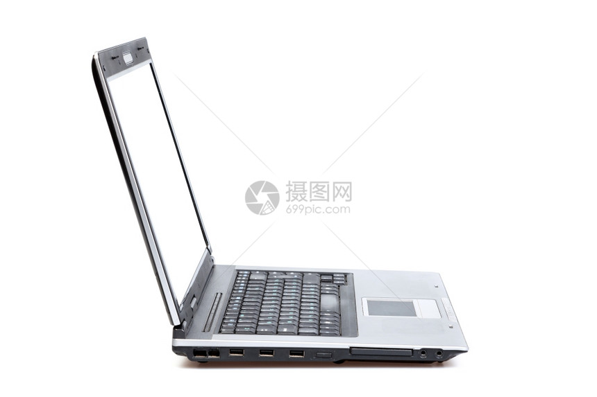 打开的膝上型计算机显示在白色背景中孤立的键盘和屏幕图片