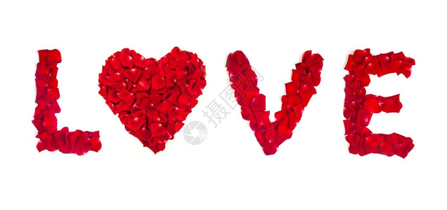 红玫瑰花瓣以字词爱组孤立在白色背景上图片