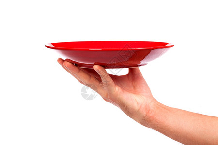 红色厨房餐具手持红色厨房餐盘在白色背景上隔离图片