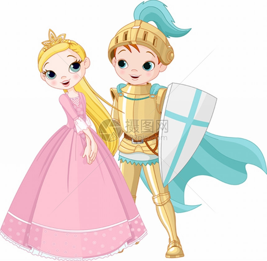 一个骑士和公主的漫画插图图片