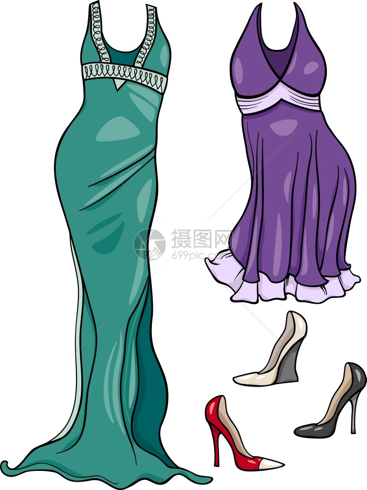 妇女晚礼服和鞋用具的漫画插图图片