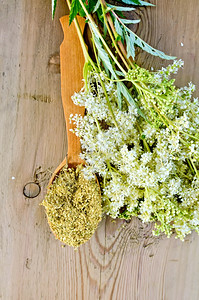 木制勺子配有草地的干鲜花木制板背景上一束草地的鲜花图片