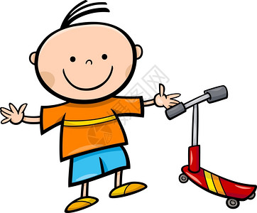 可爱的小男孩骑摩托车的漫画插图图片