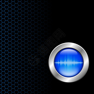 蓝色音乐按钮在十六进制网格上带有蓝色音波符号的银按钮设计图片