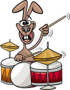 有趣的兔子在鼓上玩摇滚的漫画插图图片