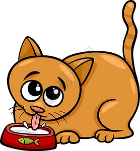 猫粮碗可爱猫从碗里喝牛奶插画